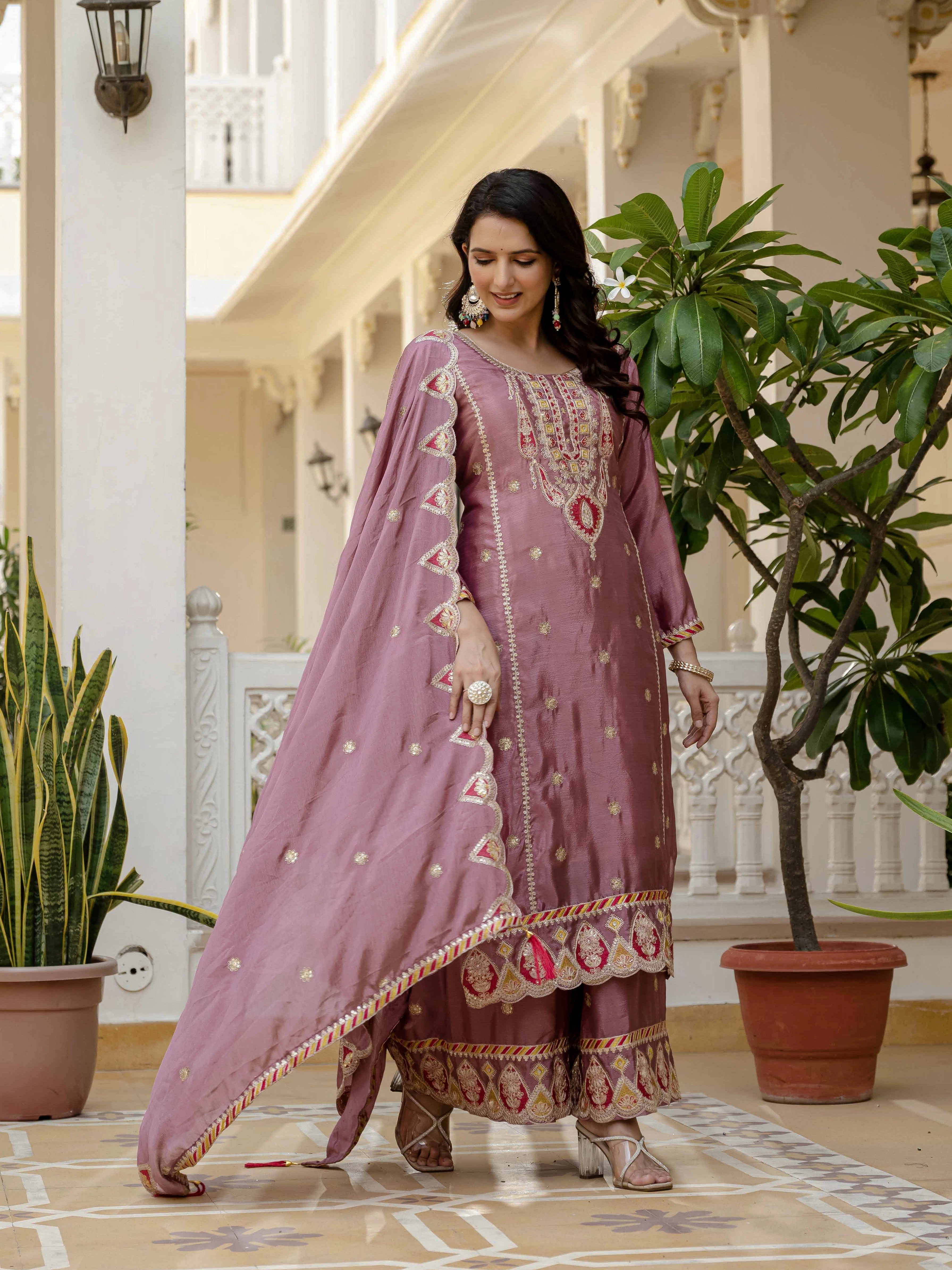 Pink Embroidery Sequin Work Chinon Silk Suit